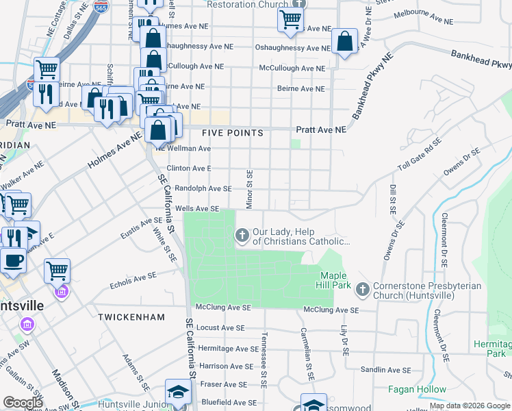 map of restaurants, bars, coffee shops, grocery stores, and more near 1303 Wells Avenue Southeast in Huntsville