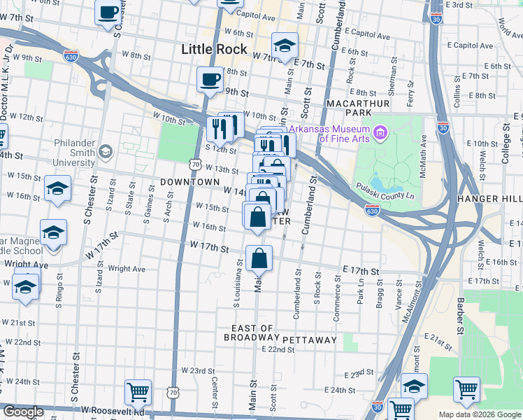 map of restaurants, bars, coffee shops, grocery stores, and more near 1515 South Louisiana Street in Little Rock