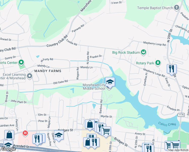 map of restaurants, bars, coffee shops, grocery stores, and more near 461-599 Barbour Rd in Morehead City
