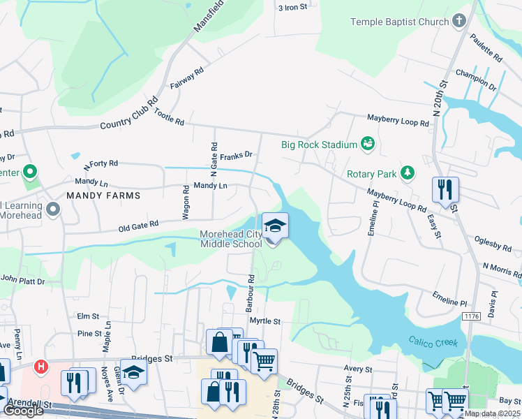 map of restaurants, bars, coffee shops, grocery stores, and more near 600 Barbour Road in Morehead City