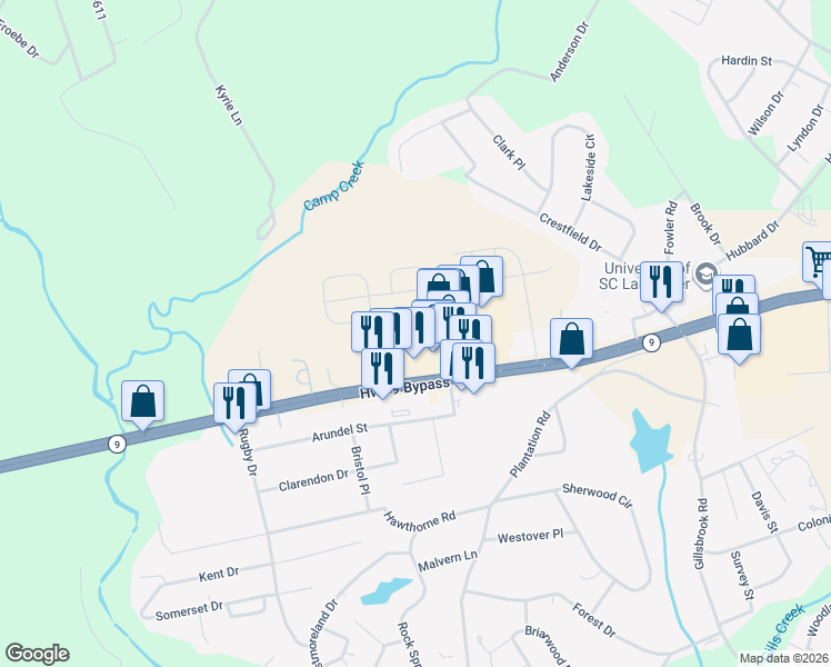 map of restaurants, bars, coffee shops, grocery stores, and more near 1256 Highway 9 Bypass West in Lancaster