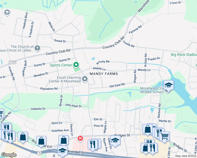 map of restaurants, bars, coffee shops, grocery stores, and more near 607 North Forty Road in Morehead City
