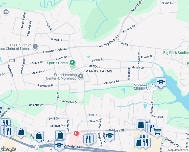 map of restaurants, bars, coffee shops, grocery stores, and more near 607 North Forty Road in Morehead City