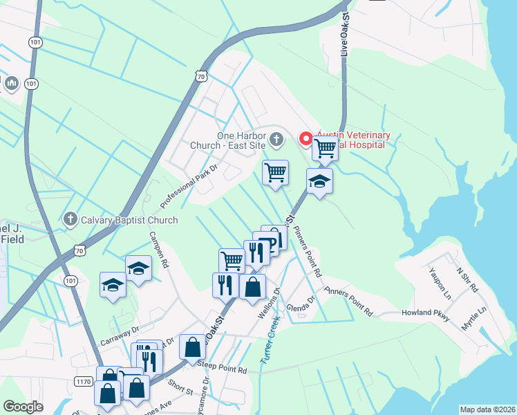 map of restaurants, bars, coffee shops, grocery stores, and more near 1901 Live Oak Street in Beaufort