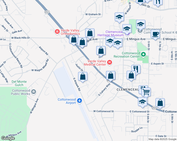 map of restaurants, bars, coffee shops, grocery stores, and more near 261 Jennifer Ln in Cottonwood