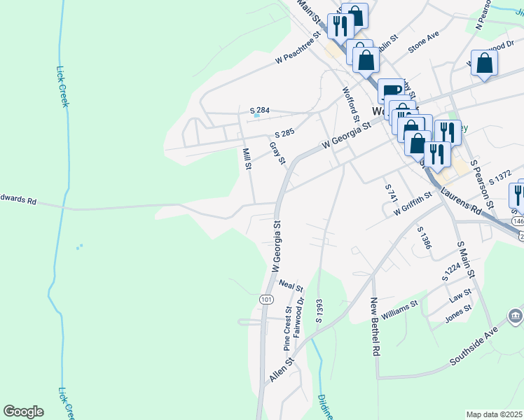 map of restaurants, bars, coffee shops, grocery stores, and more near 115 Mill Street in Woodruff
