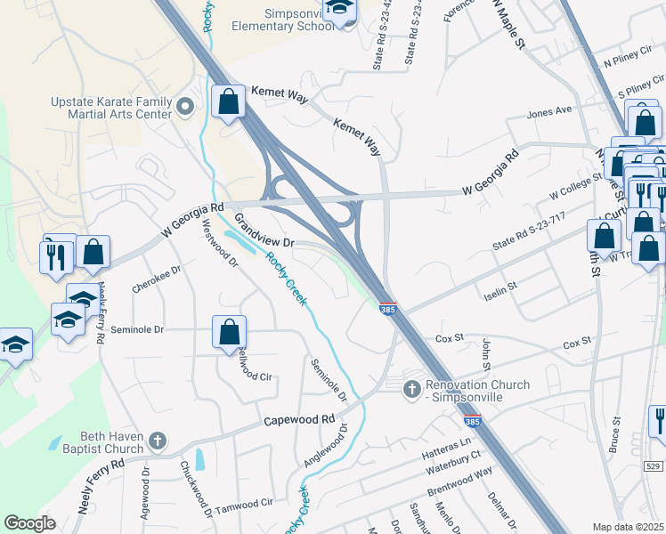 map of restaurants, bars, coffee shops, grocery stores, and more near 3100 Grandview Drive in Simpsonville