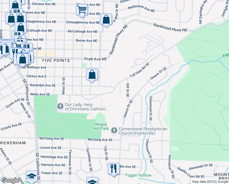 map of restaurants, bars, coffee shops, grocery stores, and more near 1907 Toll Gate Road Southeast in Huntsville