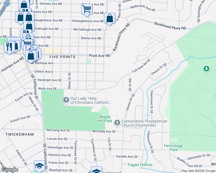 map of restaurants, bars, coffee shops, grocery stores, and more near 1703 Randolph Avenue Southeast in Huntsville