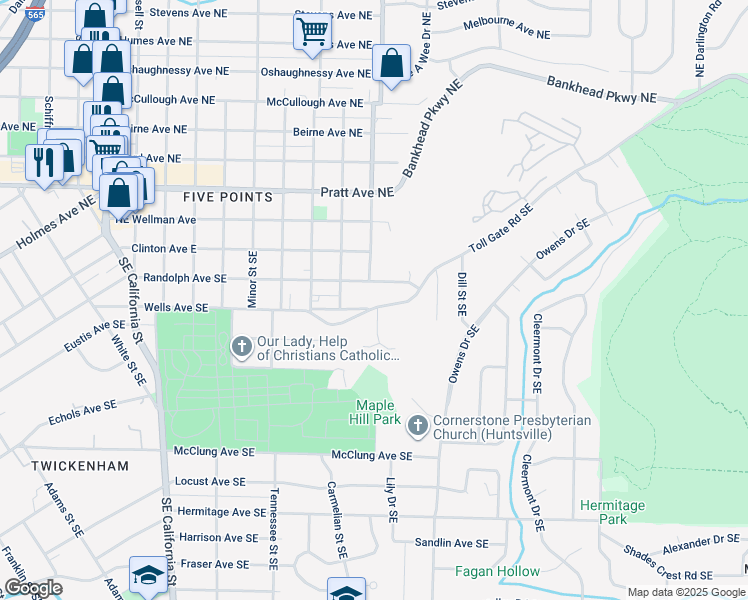 map of restaurants, bars, coffee shops, grocery stores, and more near 1708 Randolph Avenue Southeast in Huntsville
