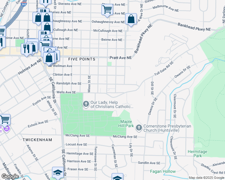 map of restaurants, bars, coffee shops, grocery stores, and more near 1601 Randolph Avenue Southeast in Huntsville