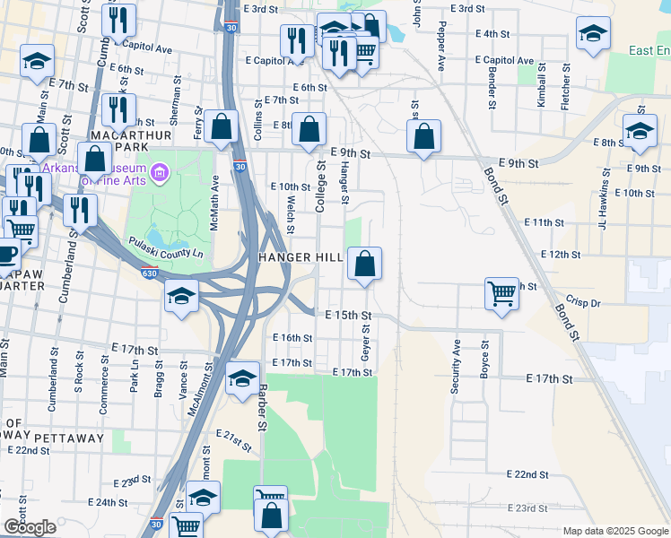 map of restaurants, bars, coffee shops, grocery stores, and more near 1300 Hanger Street in Little Rock