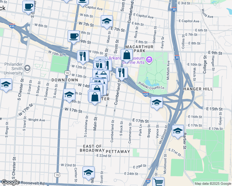 map of restaurants, bars, coffee shops, grocery stores, and more near 1315 Scott Street in Little Rock