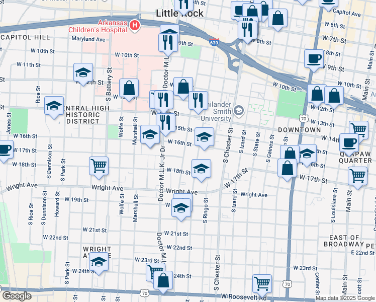 map of restaurants, bars, coffee shops, grocery stores, and more near 1214 West 16th Street in Little Rock