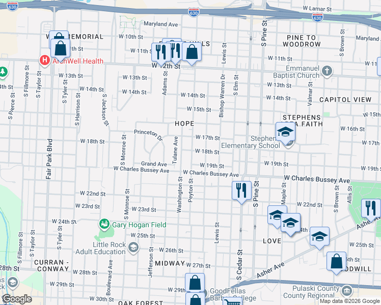 map of restaurants, bars, coffee shops, grocery stores, and more near 4423 West 17th Street in Little Rock