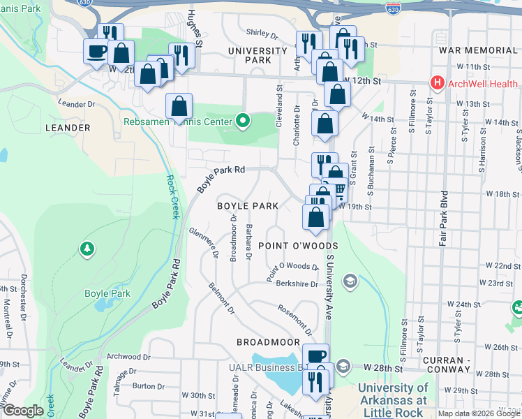 map of restaurants, bars, coffee shops, grocery stores, and more near 1810 Joyce Court in Little Rock