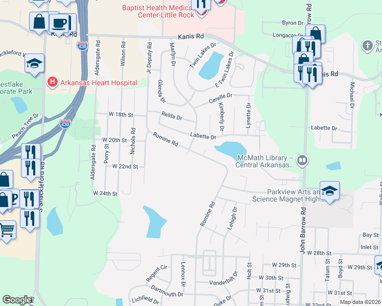 map of restaurants, bars, coffee shops, grocery stores, and more near 1915 Marlyn Drive in Little Rock