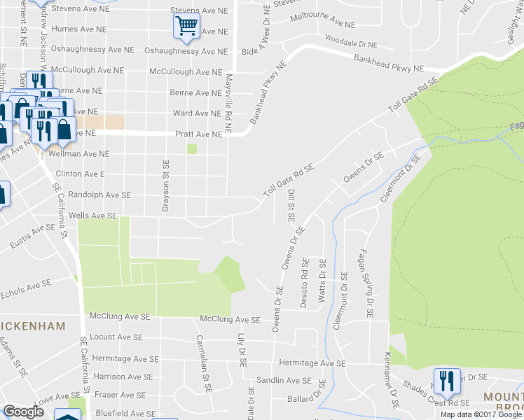 map of restaurants, bars, coffee shops, grocery stores, and more near 1907 Toll Gate Road Southeast in Huntsville