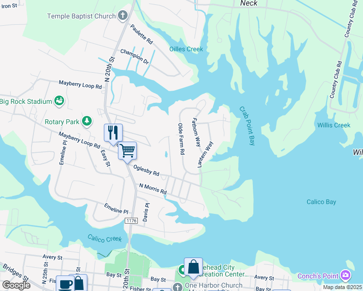 map of restaurants, bars, coffee shops, grocery stores, and more near Olde Farm Road in Morehead City