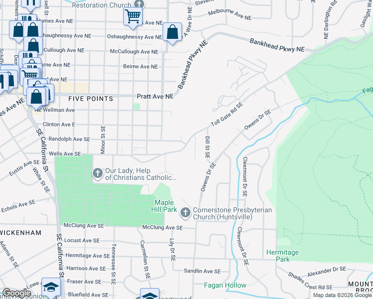 map of restaurants, bars, coffee shops, grocery stores, and more near 1907 Toll Gate Road Southeast in Huntsville