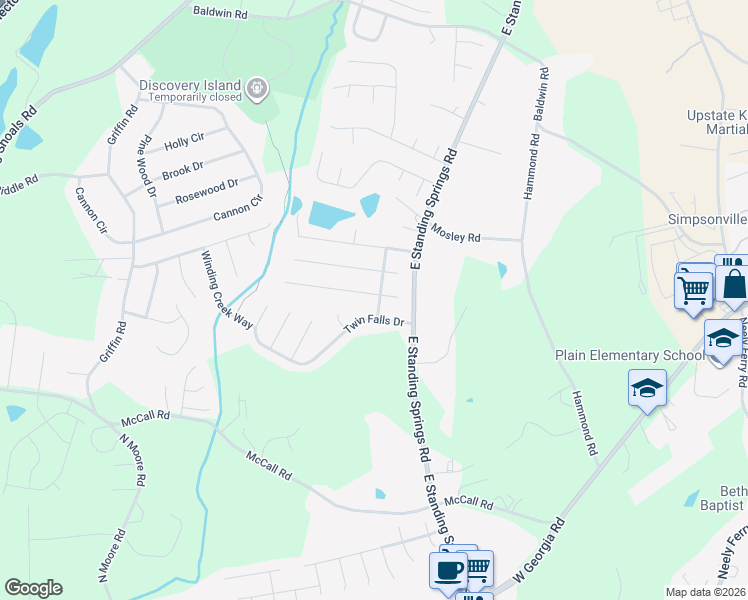 map of restaurants, bars, coffee shops, grocery stores, and more near 101 West Long Creek Court in Simpsonville