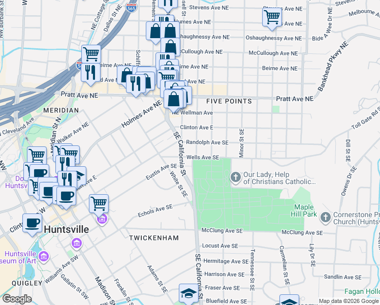 map of restaurants, bars, coffee shops, grocery stores, and more near 800 Randolph Avenue Southeast in Huntsville
