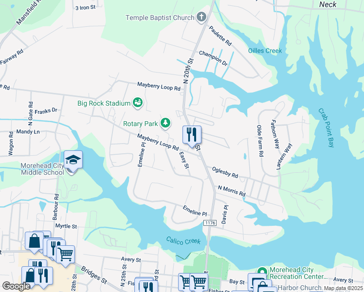 map of restaurants, bars, coffee shops, grocery stores, and more near 2010 Mayberry Loop Road in Morehead City