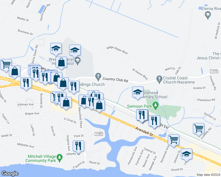 map of restaurants, bars, coffee shops, grocery stores, and more near 4609 Country Club Road in Morehead City