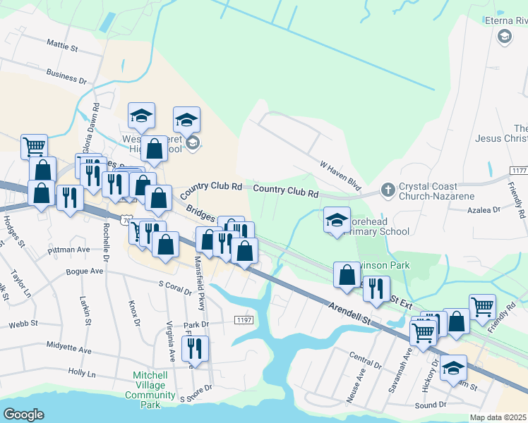 map of restaurants, bars, coffee shops, grocery stores, and more near 4609 Country Club Road in Morehead City