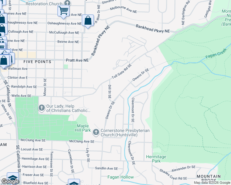 map of restaurants, bars, coffee shops, grocery stores, and more near 624 Owens Drive Southeast in Huntsville