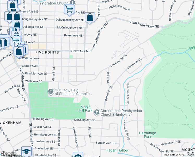 map of restaurants, bars, coffee shops, grocery stores, and more near 1907 Toll Gate Road Southeast in Huntsville