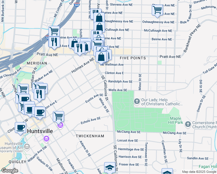 map of restaurants, bars, coffee shops, grocery stores, and more near 800 Randolph Avenue Southeast in Huntsville