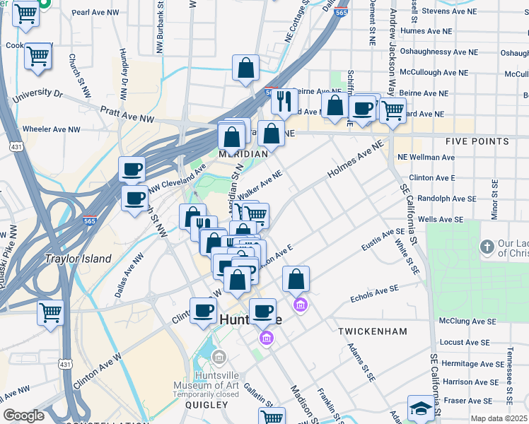 map of restaurants, bars, coffee shops, grocery stores, and more near 122 Walker Avenue Northeast in Huntsville