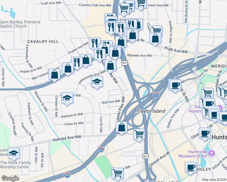 map of restaurants, bars, coffee shops, grocery stores, and more near 2208 Fitchard Avenue Northwest in Huntsville