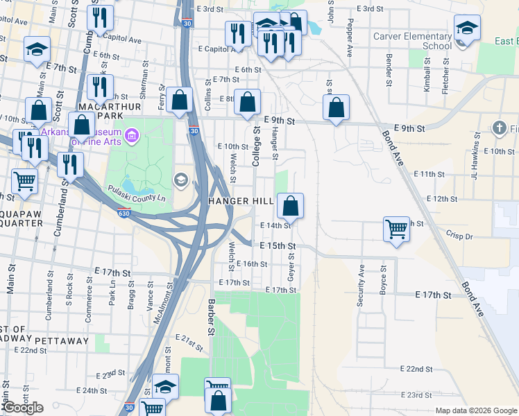 map of restaurants, bars, coffee shops, grocery stores, and more near 1300 Hanger Street in Little Rock