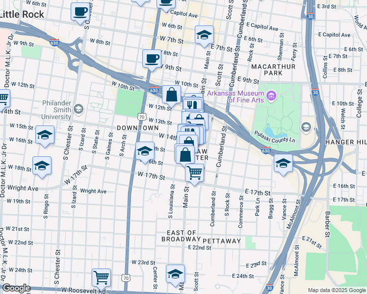 map of restaurants, bars, coffee shops, grocery stores, and more near 121 West Daisy L Gatson Bates Drive in Little Rock