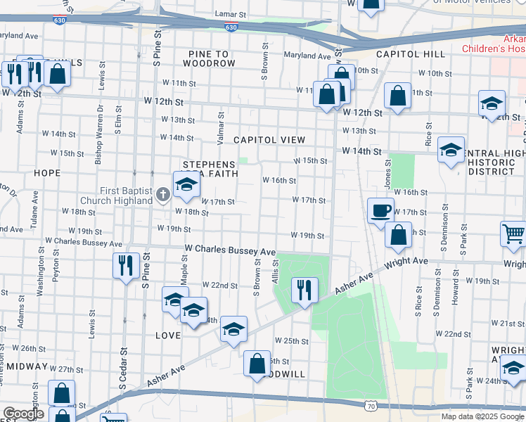 map of restaurants, bars, coffee shops, grocery stores, and more near 3219 West 17th Street in Little Rock