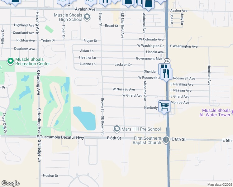 map of restaurants, bars, coffee shops, grocery stores, and more near 303 West Nassau Avenue in Muscle Shoals