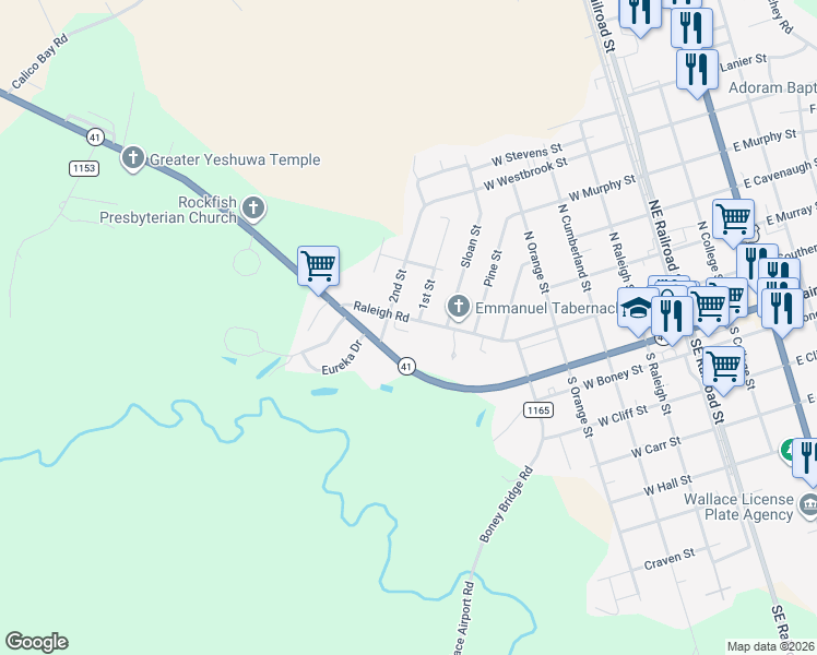 map of restaurants, bars, coffee shops, grocery stores, and more near 404 Raleigh Road in Wallace