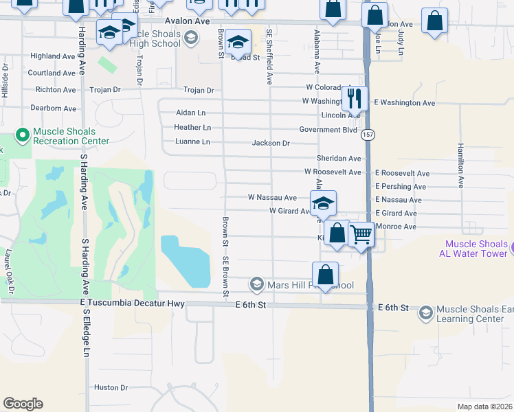 map of restaurants, bars, coffee shops, grocery stores, and more near 303 West Nassau Avenue in Muscle Shoals