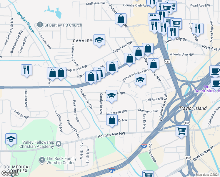 map of restaurants, bars, coffee shops, grocery stores, and more near 2413 Moore Avenue Northwest in Huntsville