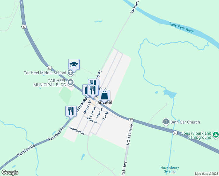 map of restaurants, bars, coffee shops, grocery stores, and more near Pine Street in Tar Heel