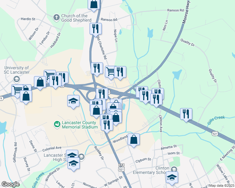 map of restaurants, bars, coffee shops, grocery stores, and more near Old Charlotte Road in Lancaster