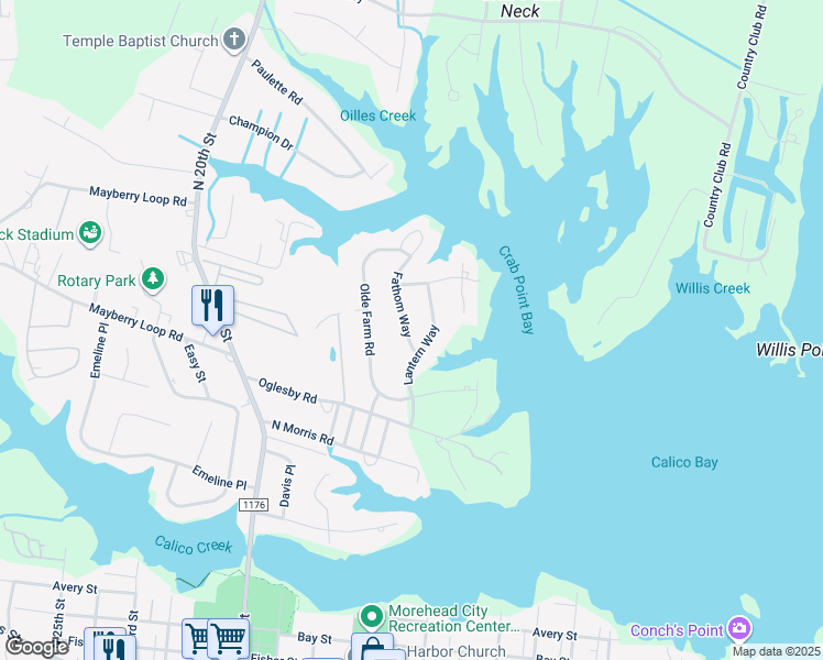 map of restaurants, bars, coffee shops, grocery stores, and more near 1304 Fathom Way in Morehead City