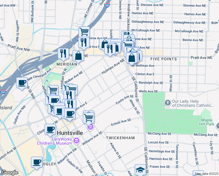 map of restaurants, bars, coffee shops, grocery stores, and more near 605 Clinton Avenue East in Huntsville