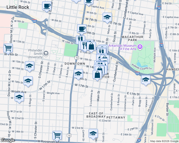 map of restaurants, bars, coffee shops, grocery stores, and more near 1417 Center Street in Little Rock