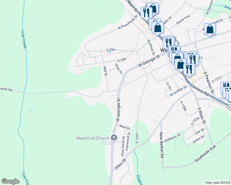 map of restaurants, bars, coffee shops, grocery stores, and more near 115 Mill Street in Woodruff