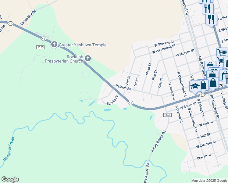 map of restaurants, bars, coffee shops, grocery stores, and more near 507-607 Raleigh Road in Wallace
