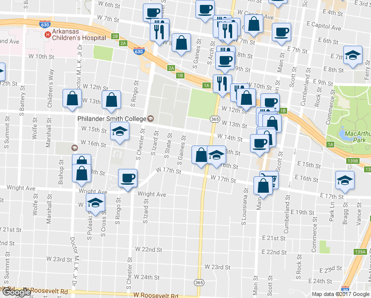 map of restaurants, bars, coffee shops, grocery stores, and more near 1601 South Gaines Street in Little Rock