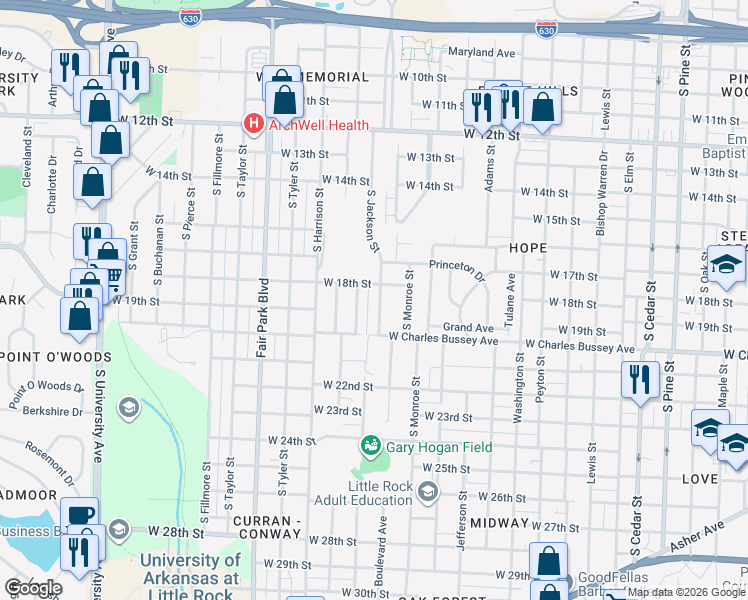 map of restaurants, bars, coffee shops, grocery stores, and more near 1812 South Jackson Street in Little Rock
